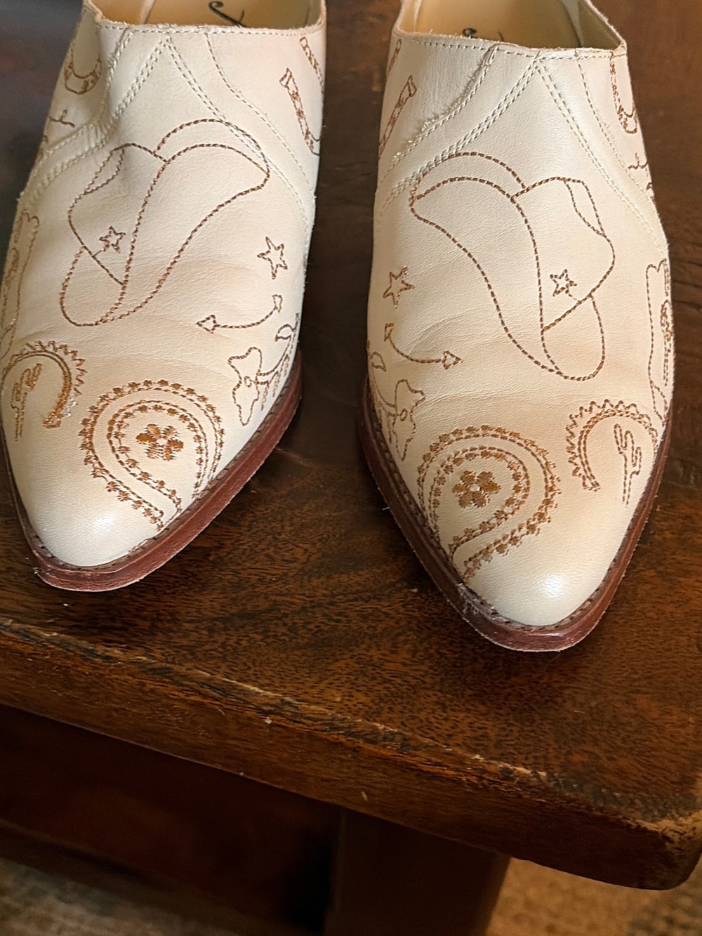 free people Western Embroidered Leather Mules Cream Brown EU 38